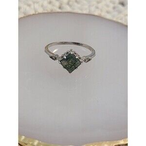 Moss Agate Ring Sterling Silver 925 Size 8 Emerald Cut Natural Green Stone Boho